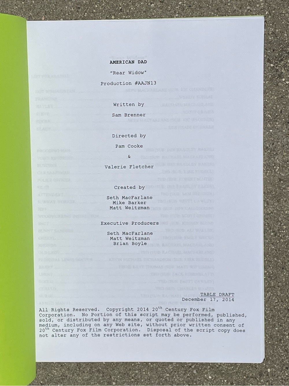 American Dad 2014 Production Used Table Draft Script Rear Window CUSACK & KIND! - Picture 6 of 15